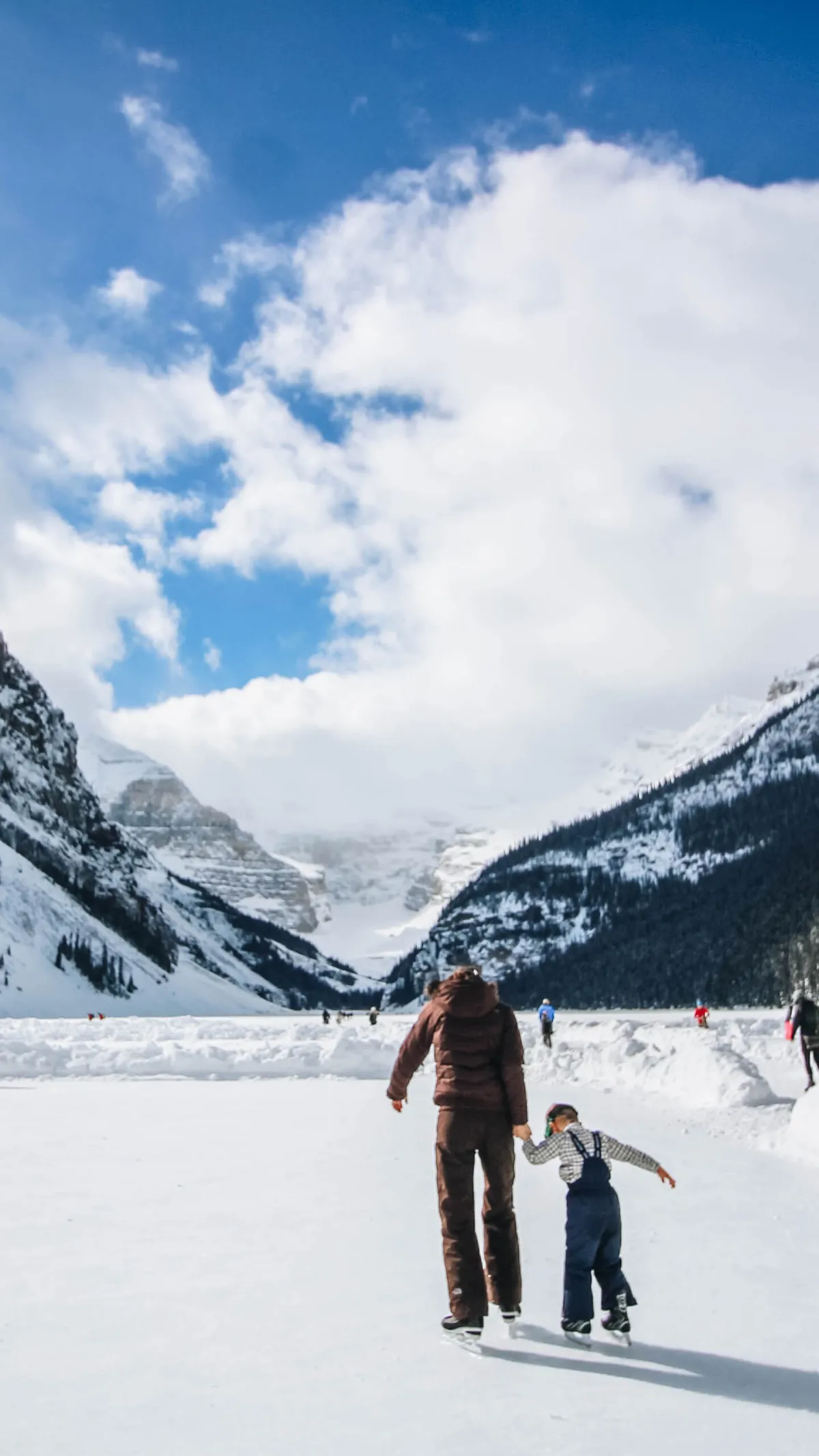 family skates on frozen lake