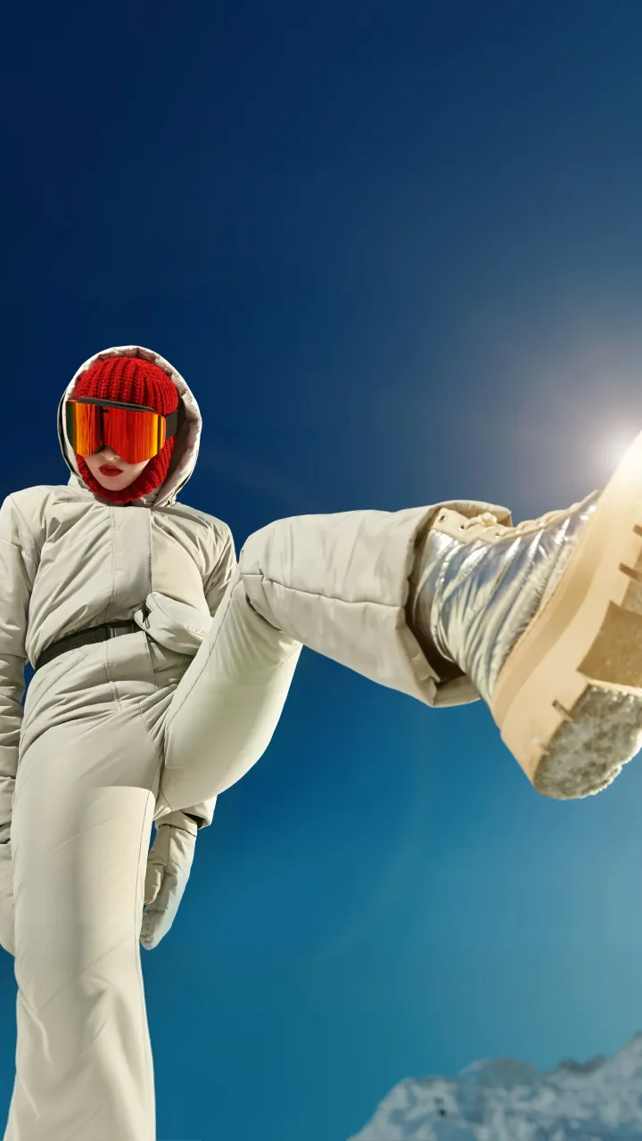 Astronaut suit with red visor kicking upwards, blue sky background.