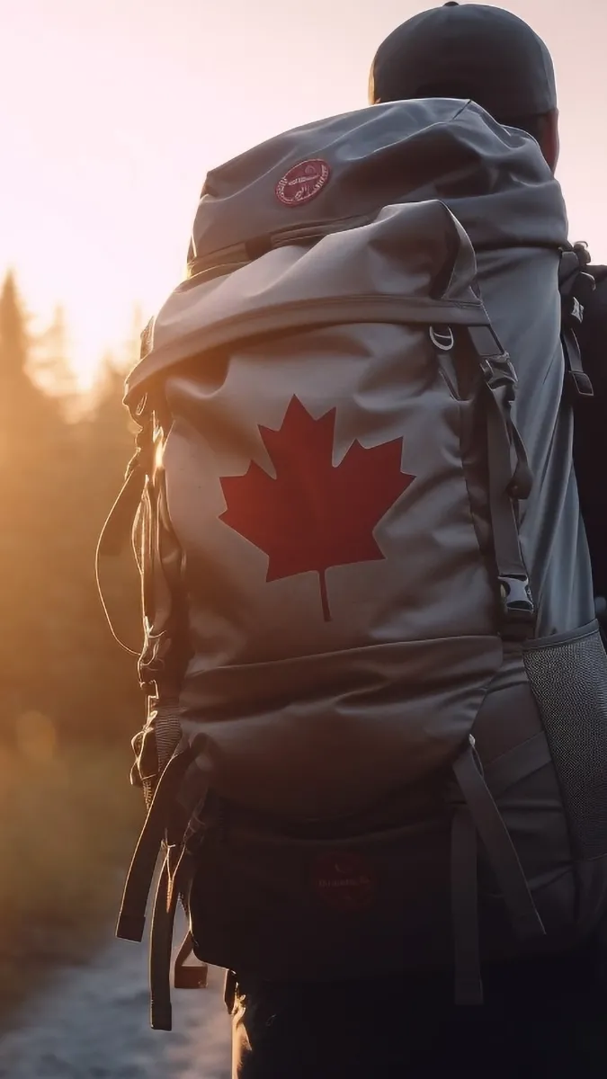 Hiker with gray backpack featuring red maple leaf at sunset.