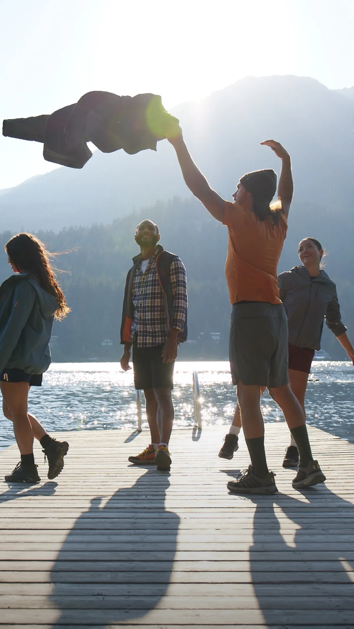 Friends standing on a dock