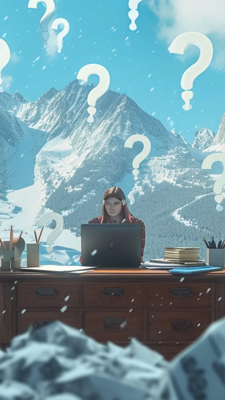 An AI generated image of a person sitting at a desk in the mountains with many different marketing plans stacked in piles surrounded in question marks