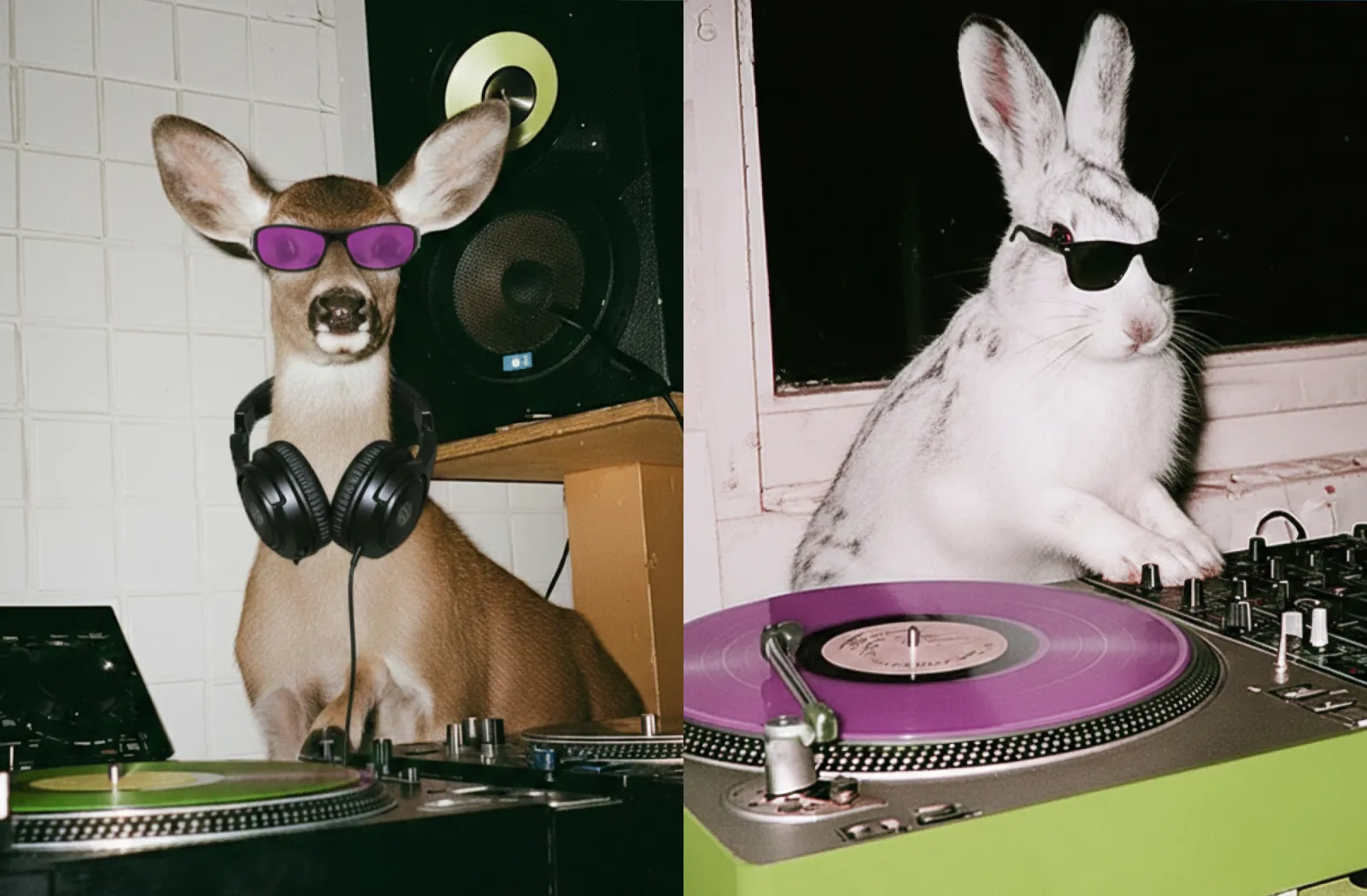 Deer and rabbit DJing with headphones and purple sunglasses.