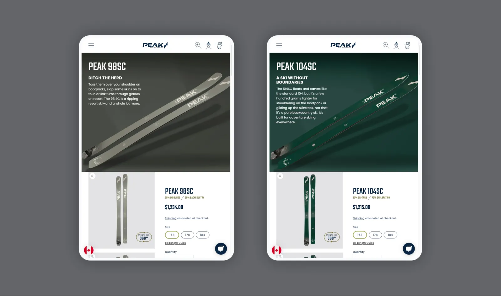 Peak Skis tablet product headers