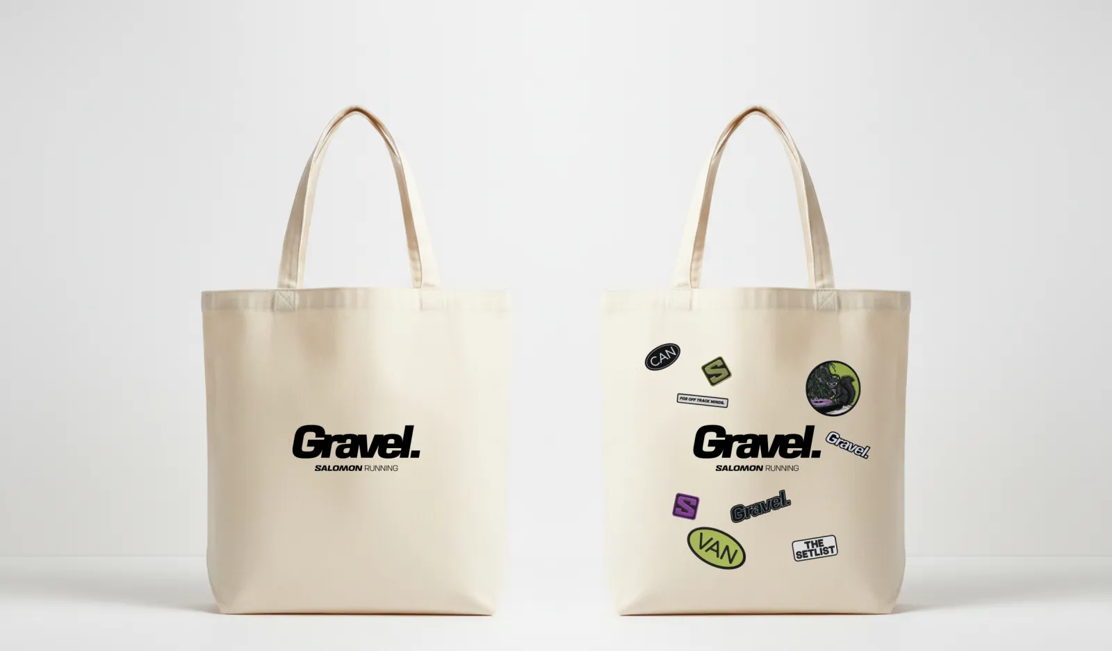 Two beige tote bags with logos and graphic designs.