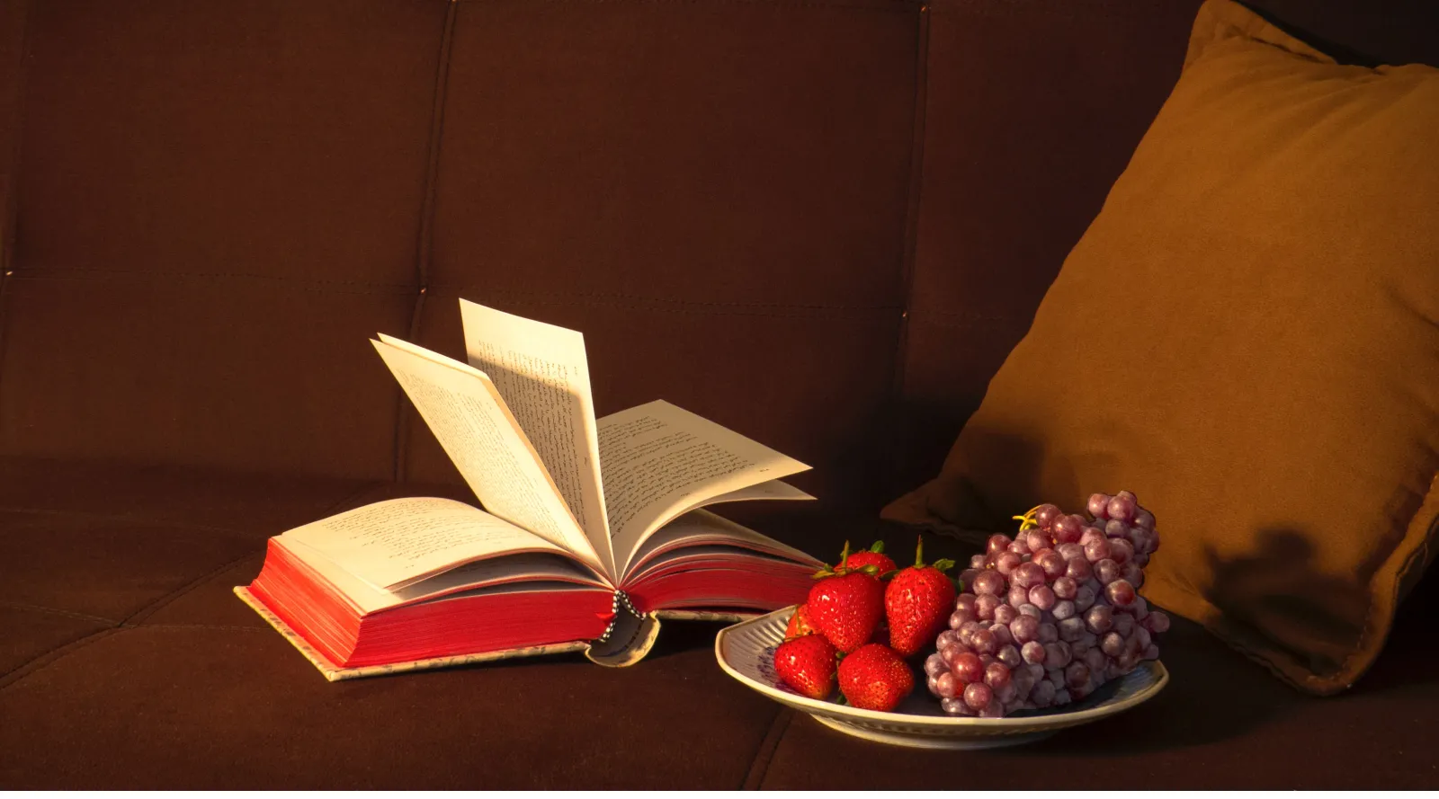 open book on a couch next to a bowl of fruit