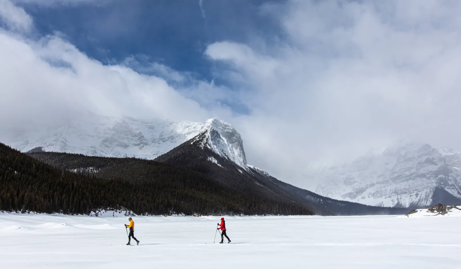 two people skiing