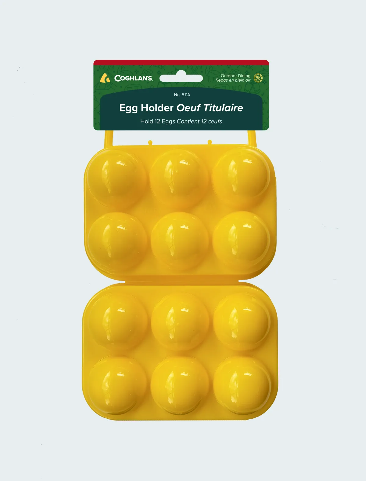 Yellow egg holder with two rows of four slots.