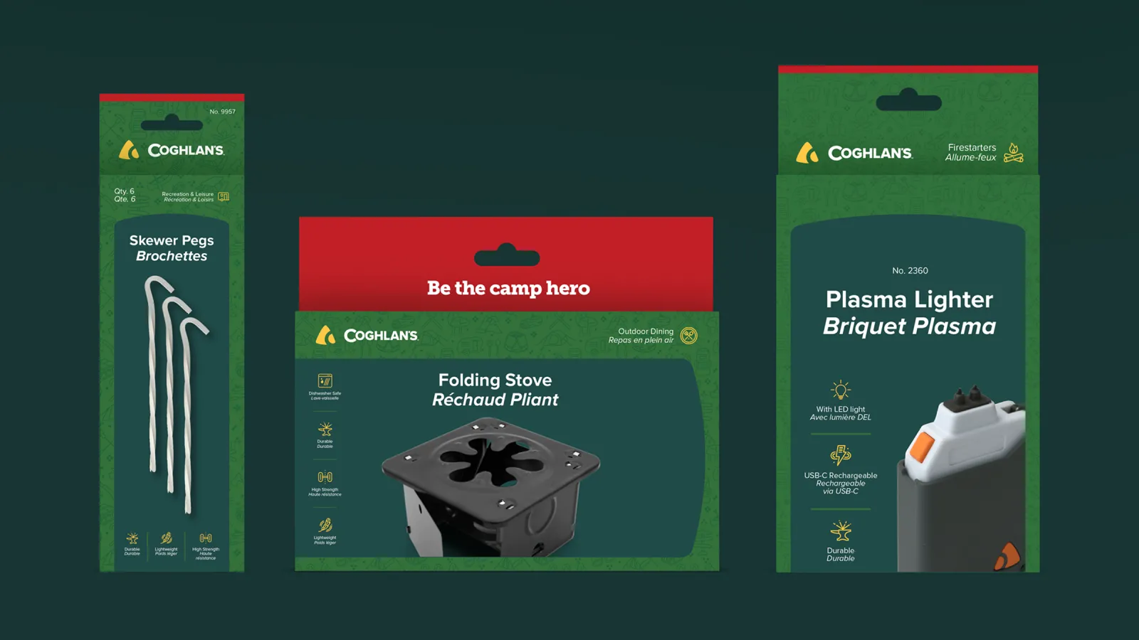 Three Coleman camping product packages with hooks, stove, and lighter.