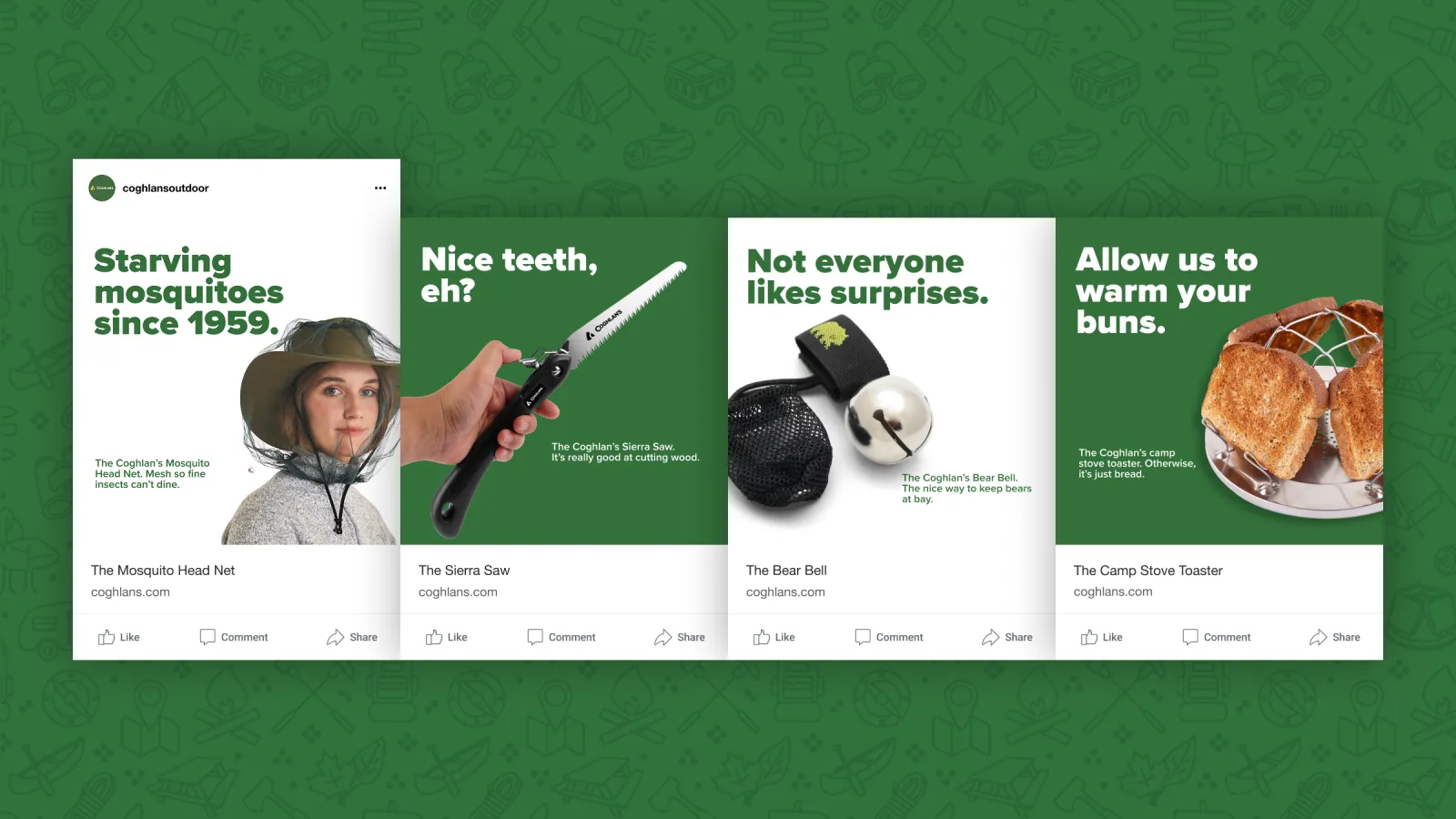 Four humorous graphics on mosquito control against a green background.