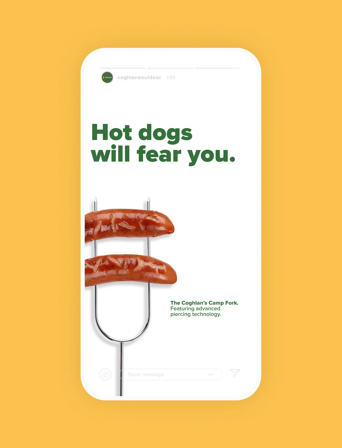 Grill forks holding two hot dogs on an orange background.