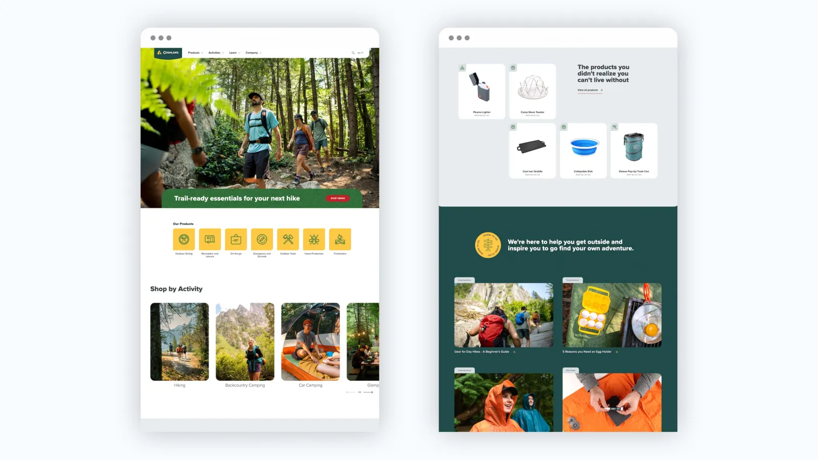 2 screenshots of the Coghlans website homepage