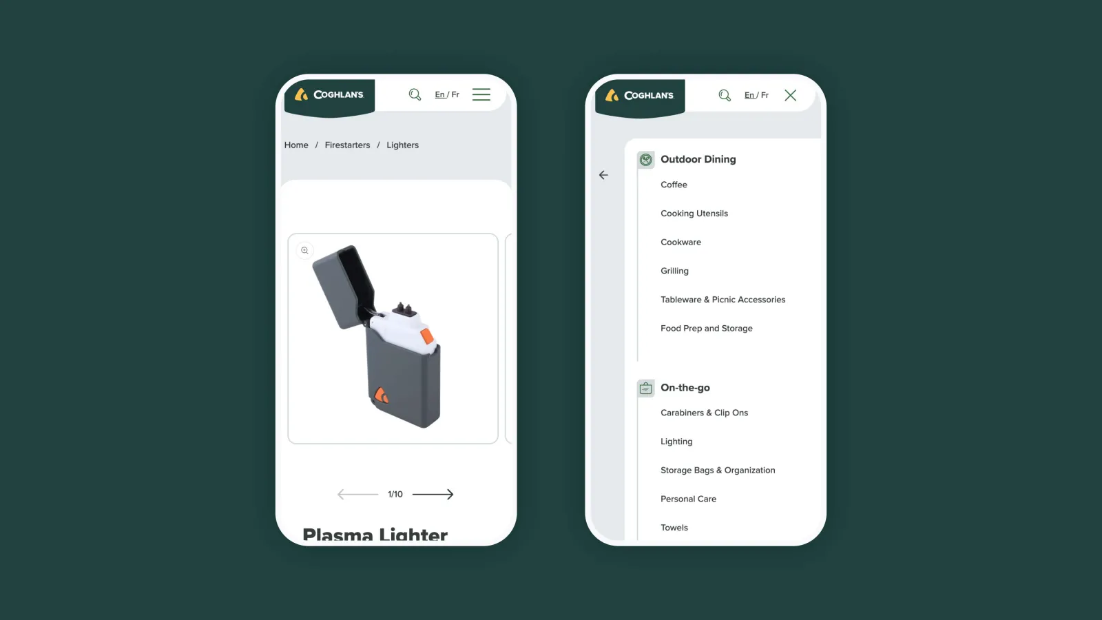 2 screenshots of the Coghlans mobile website product page showcasing a lighter