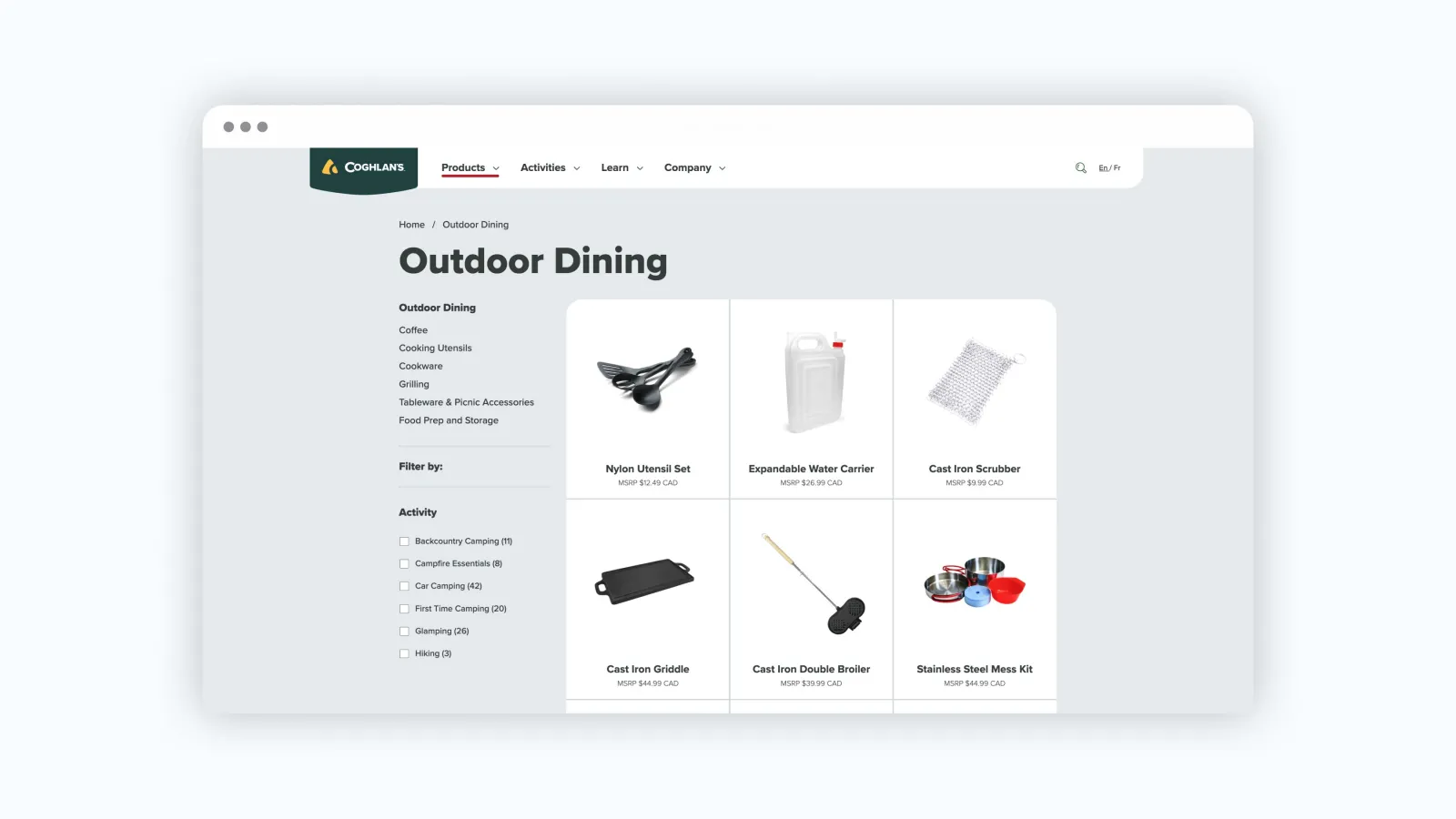 screenshot of the Coghlans website product listing page