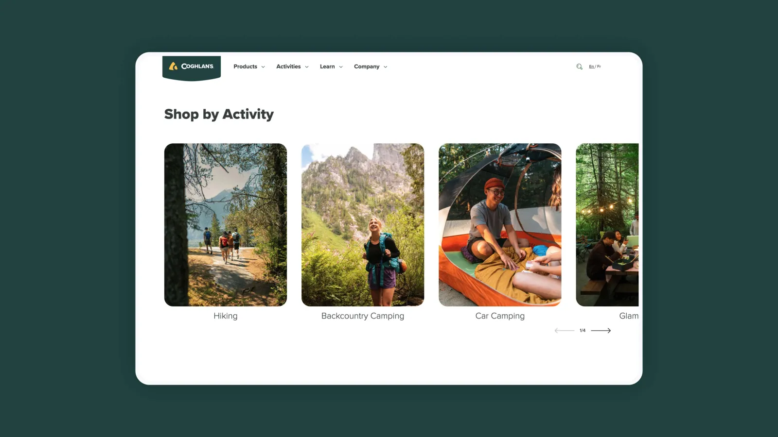 screenshot of the Coghlans website activity categories