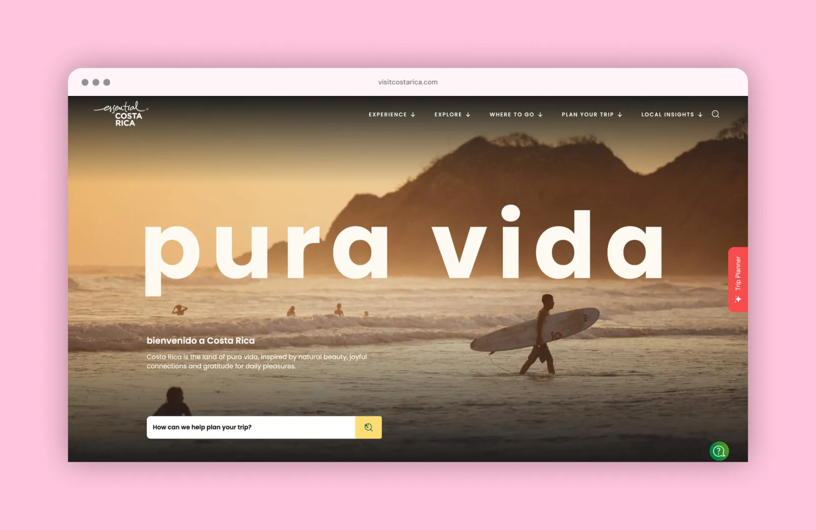 Costa rica homepage mockup showing big headline and surfer in background