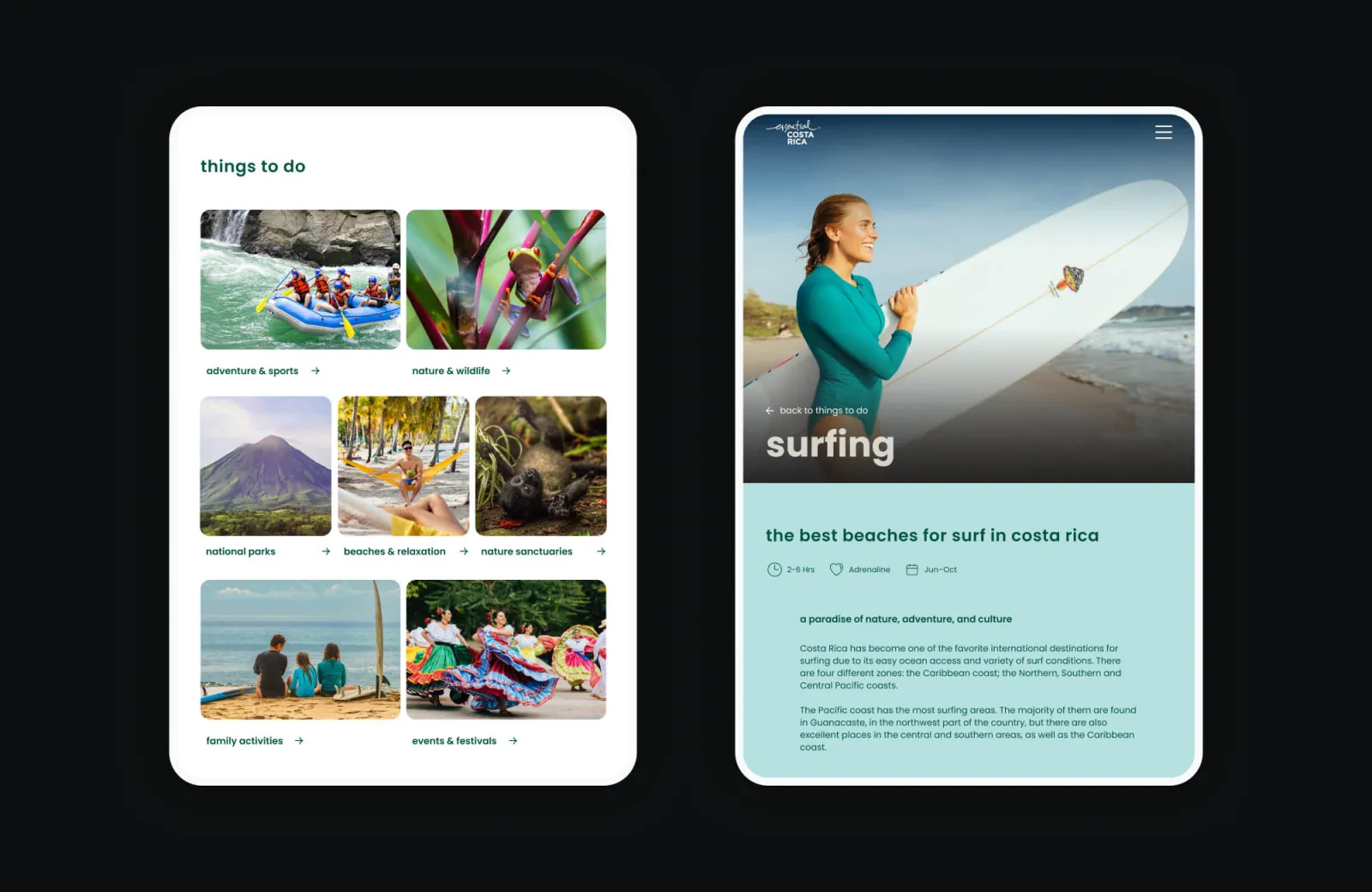 2-up mockup showing a listing page and a surfing page