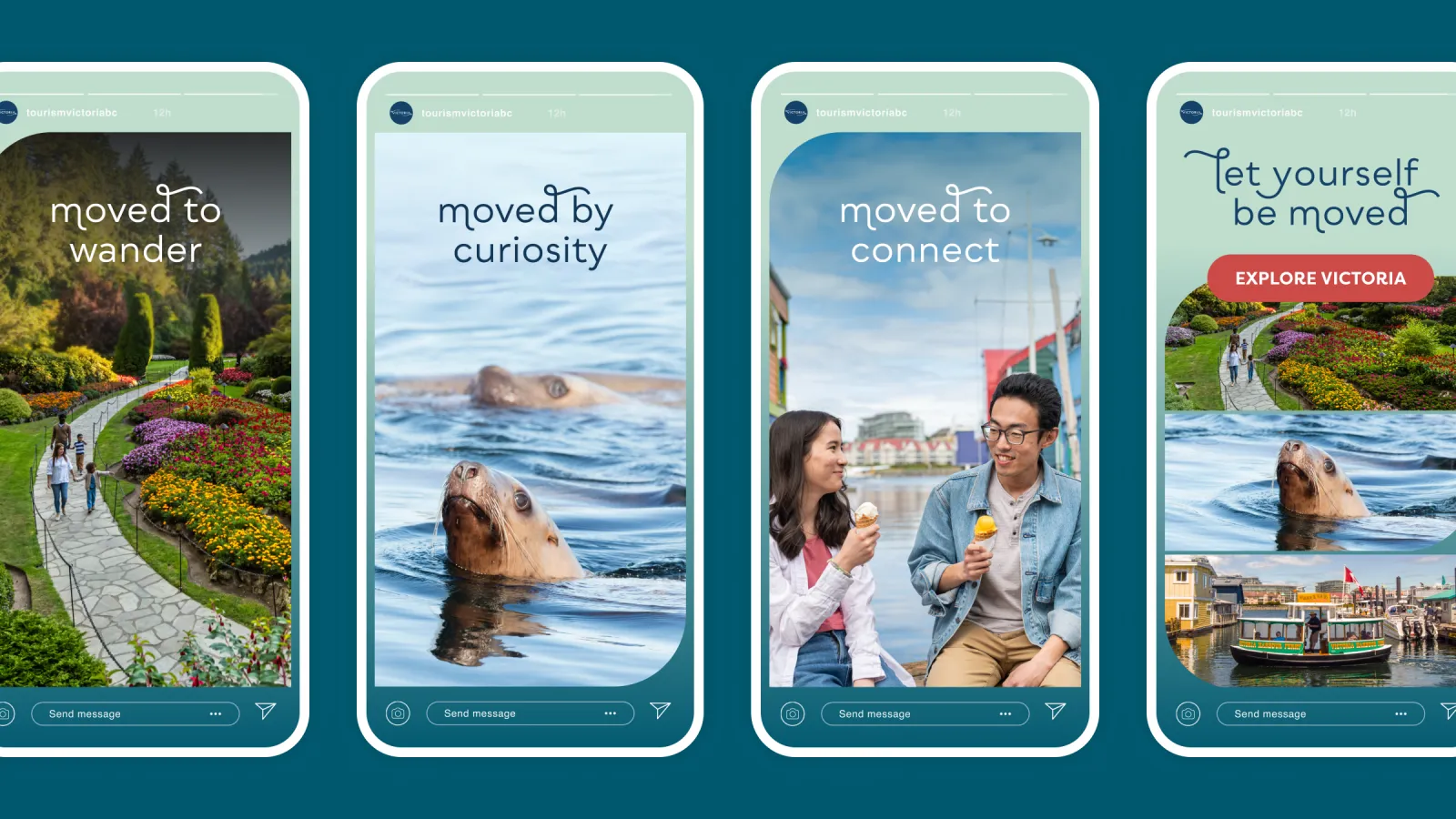 4 iphone frames showing an instagram story showcasing the multitude of ways to experience Victoria