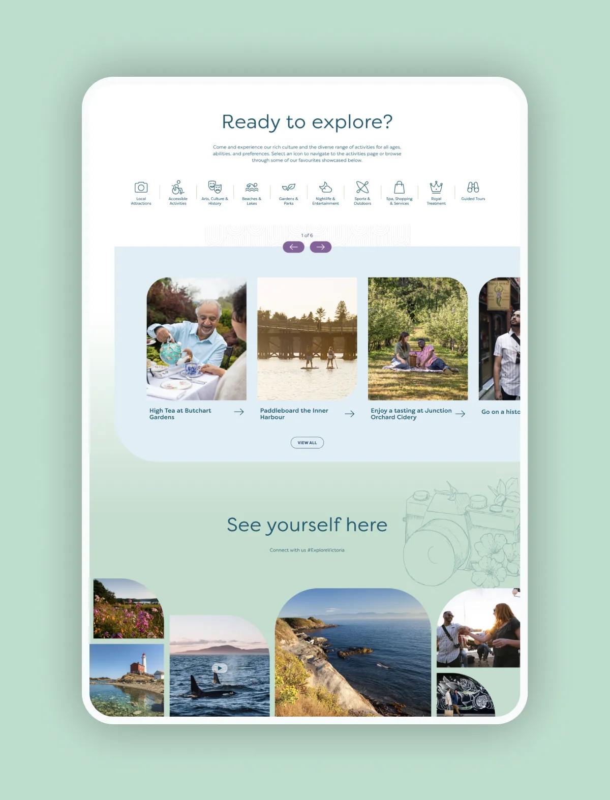 mobile view of the activity finder on the Destination Greater Victoria website