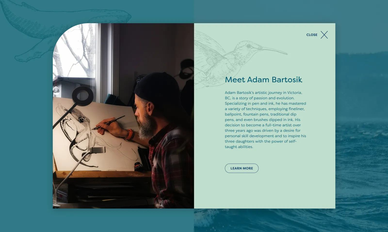 Open view of an artist image and bio