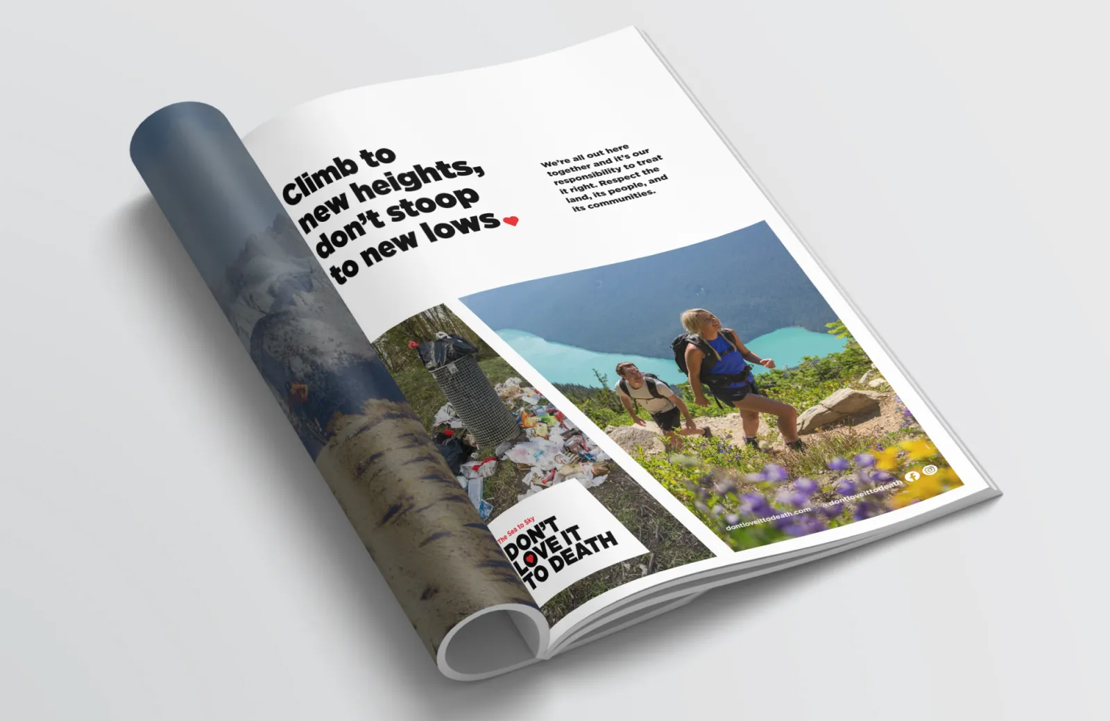 Open magazine with hiking photos and text on a light background.