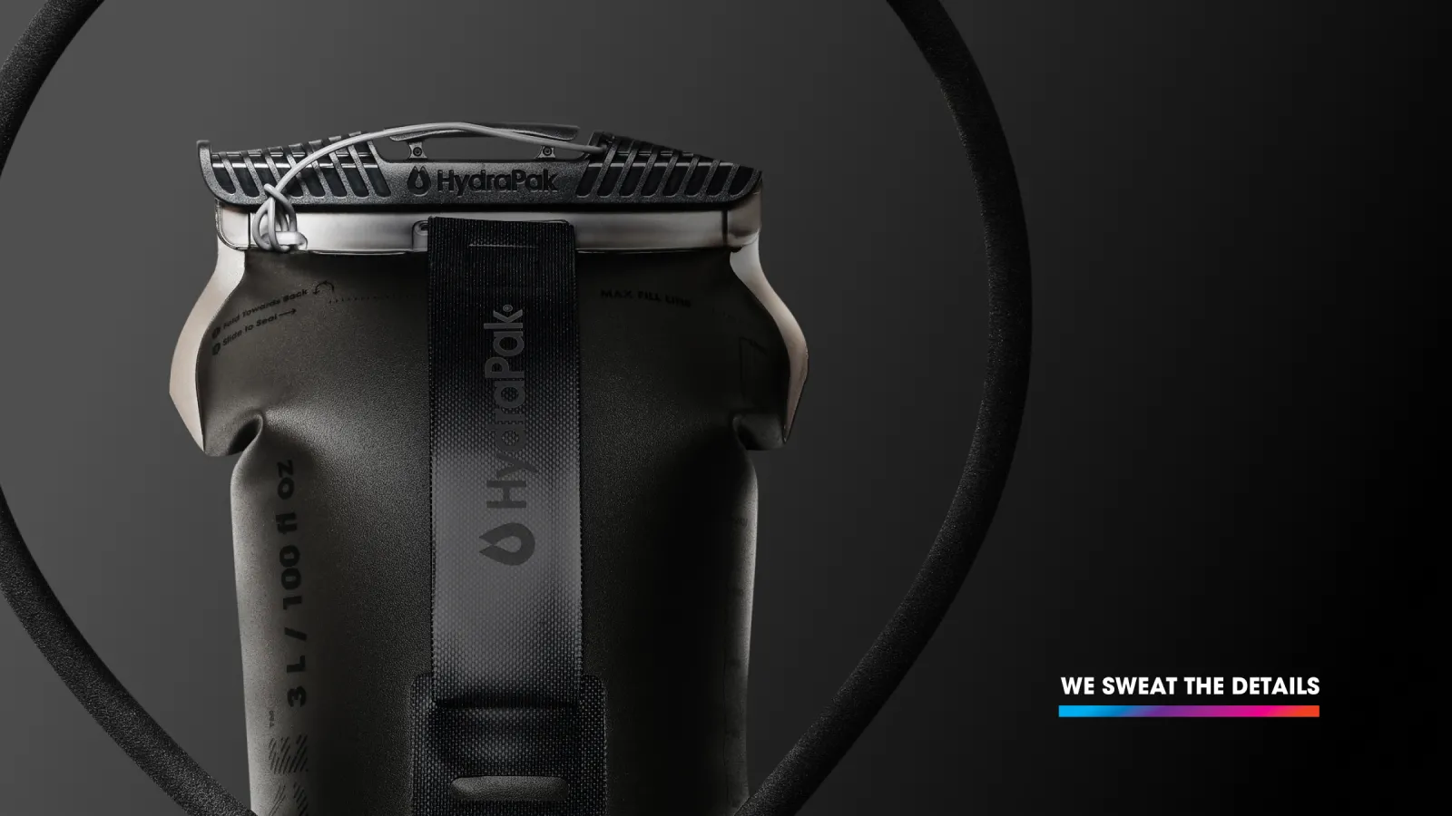 Hydrapak reservoir close up in studio light beside campaign tagline