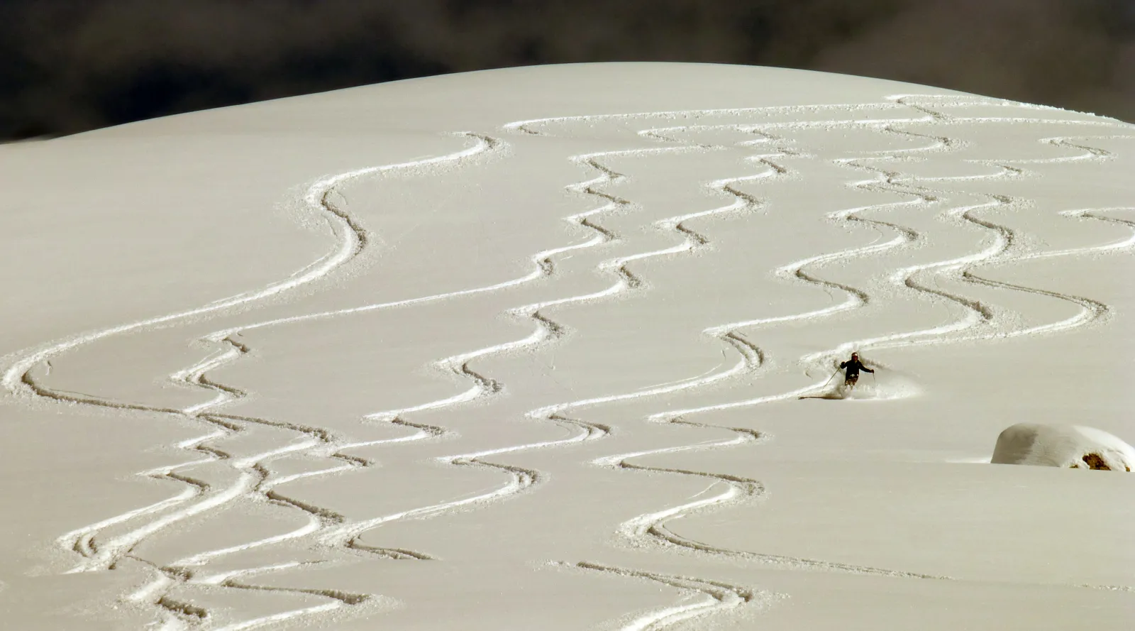 skier skiing through powder with other powder turns on hill