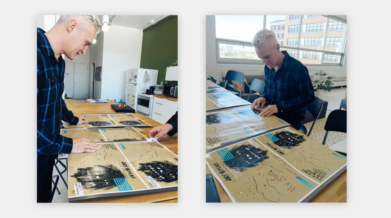 Two photos of illustrator Laurent Pinabel reviewing magazine proofs