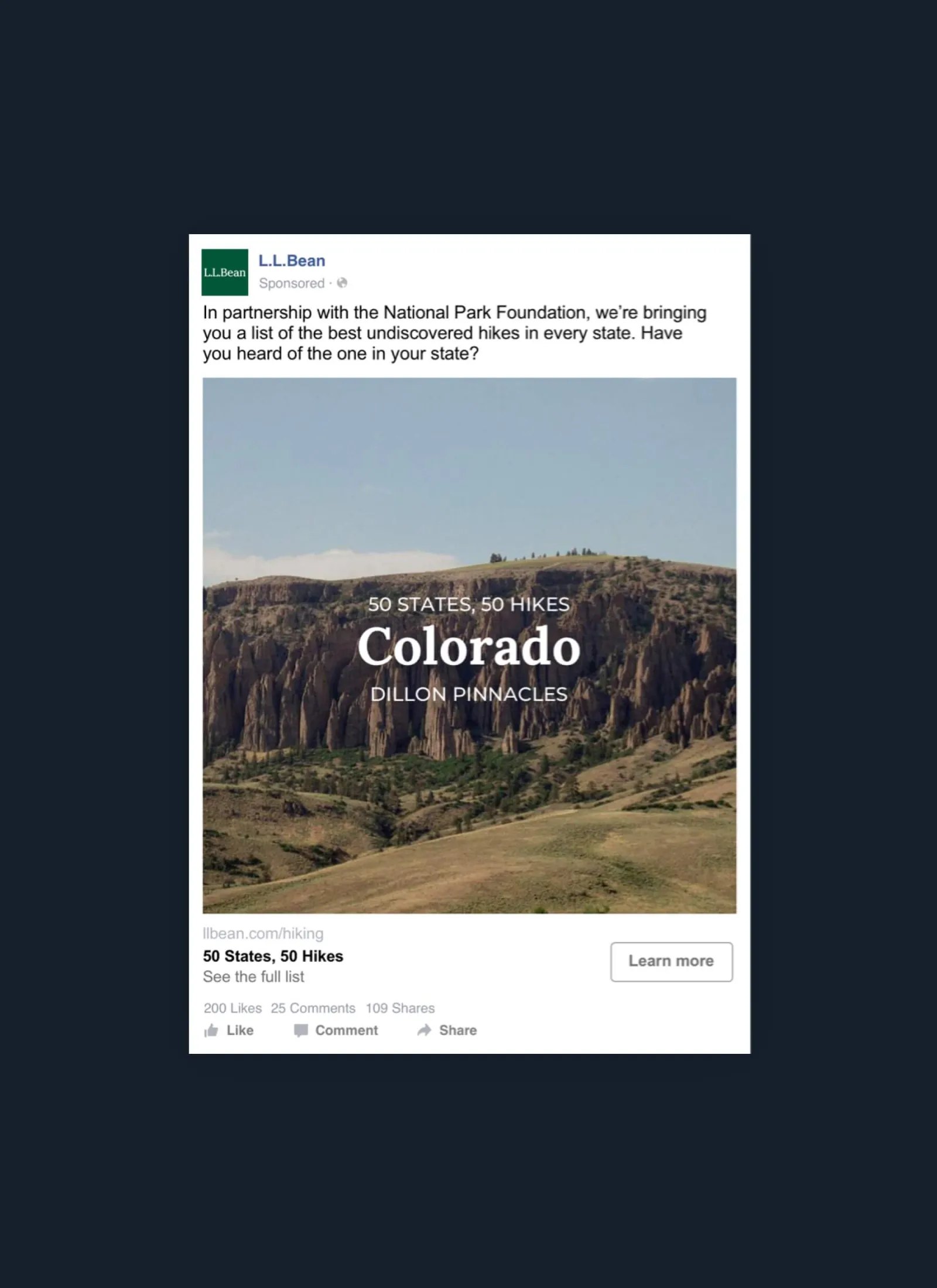 Social media post about hiking in Colorado