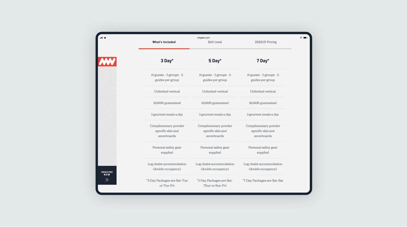 Website Packages interactive table mockup