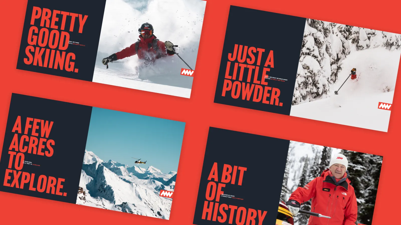 A grid of Mike Wiegele ads