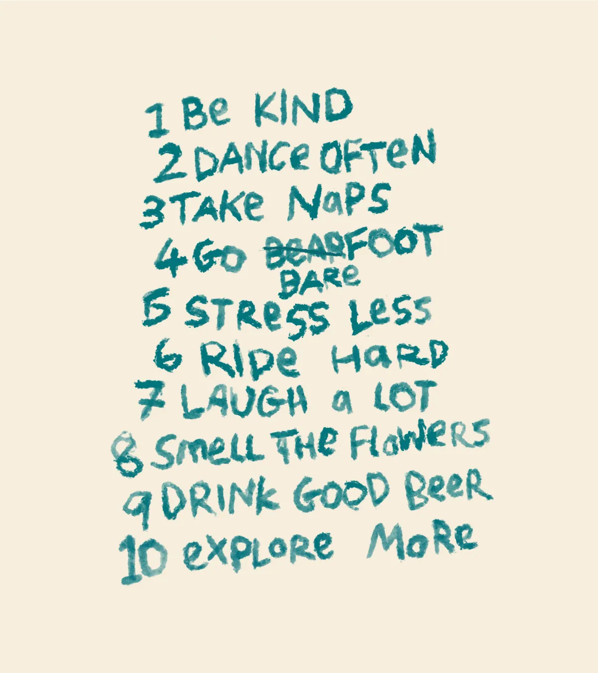 Handwritten list of ten uplifting actions handwritten in teal.