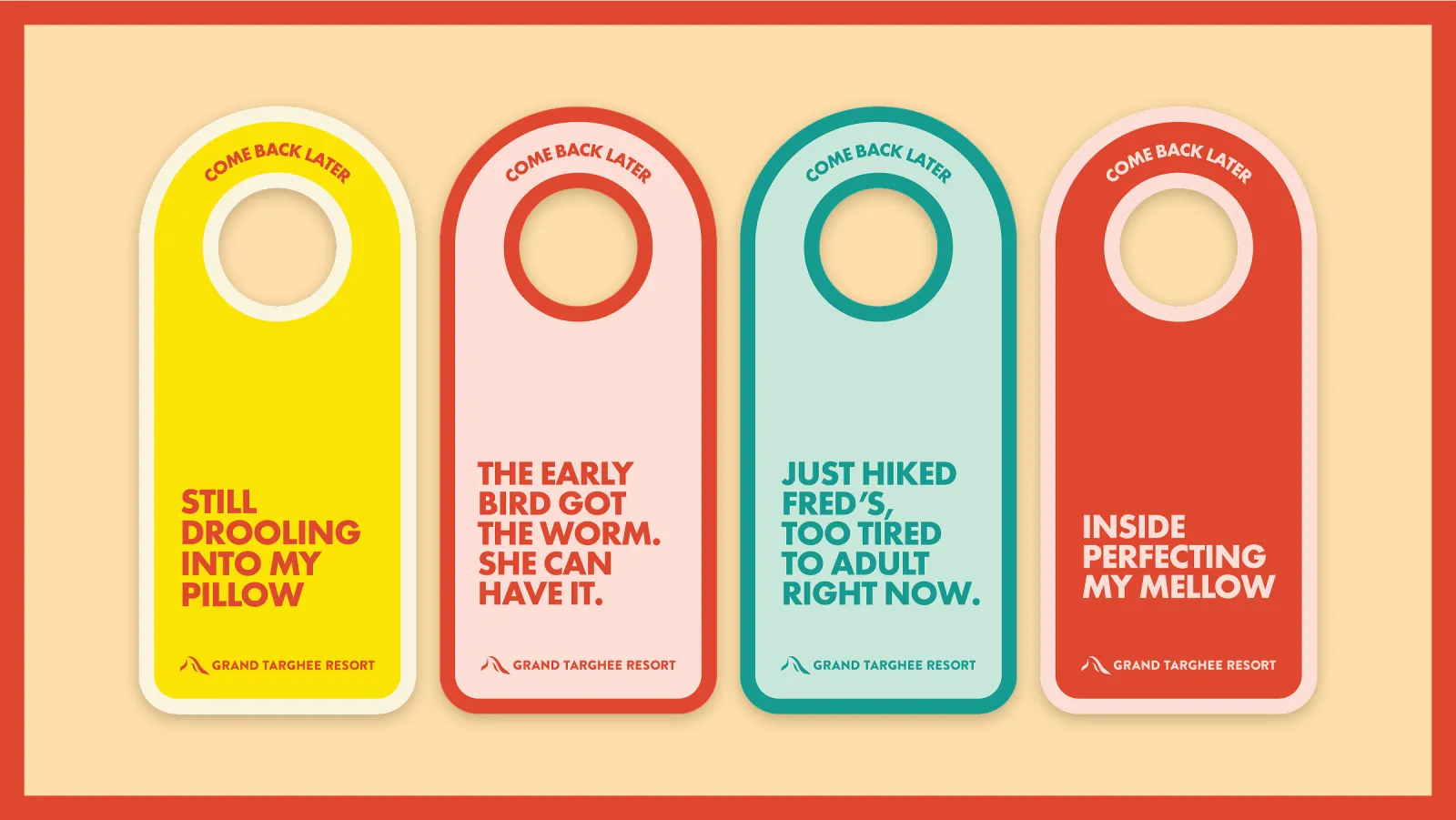 Colorful do not disturb signs with playful phrases.