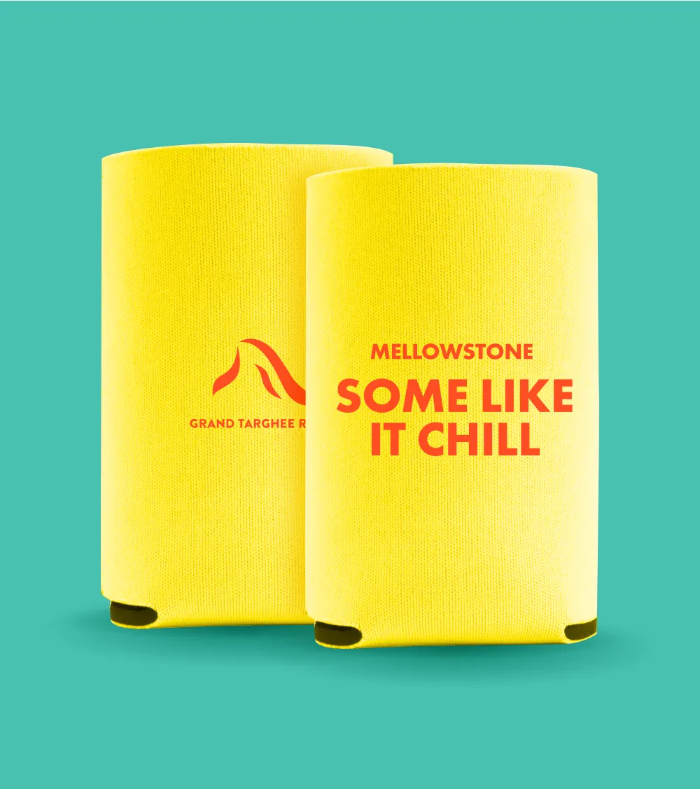 A mockup of yellow koozies on a teal background.