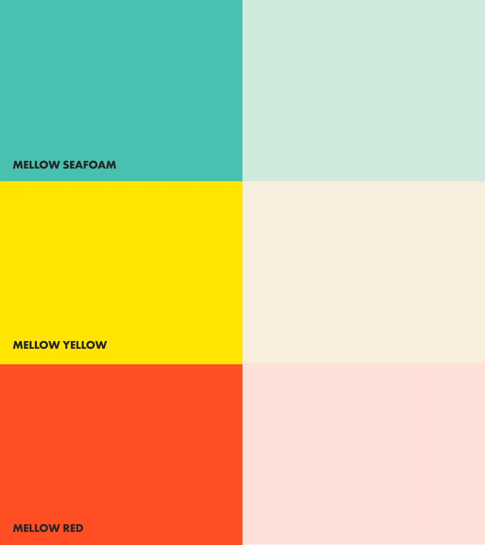Teal, light teal, yellow, beige, orange, and light pink color blocks.