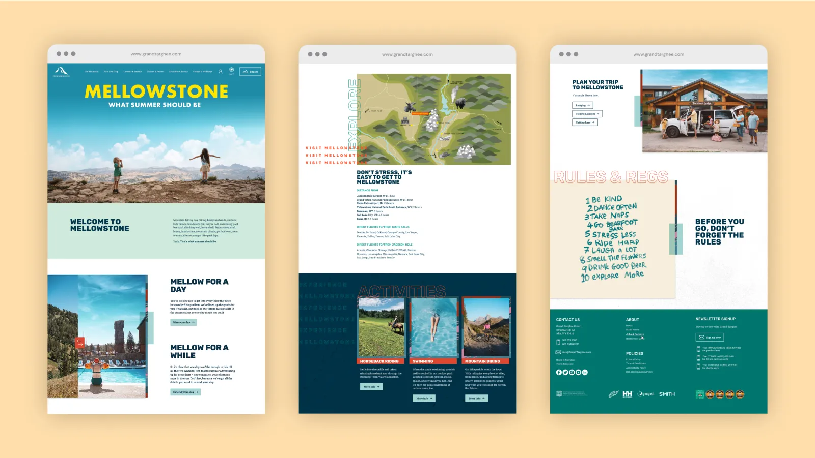 Three frames of a webpage mockup with scenic photos and text blocks on a tan background.