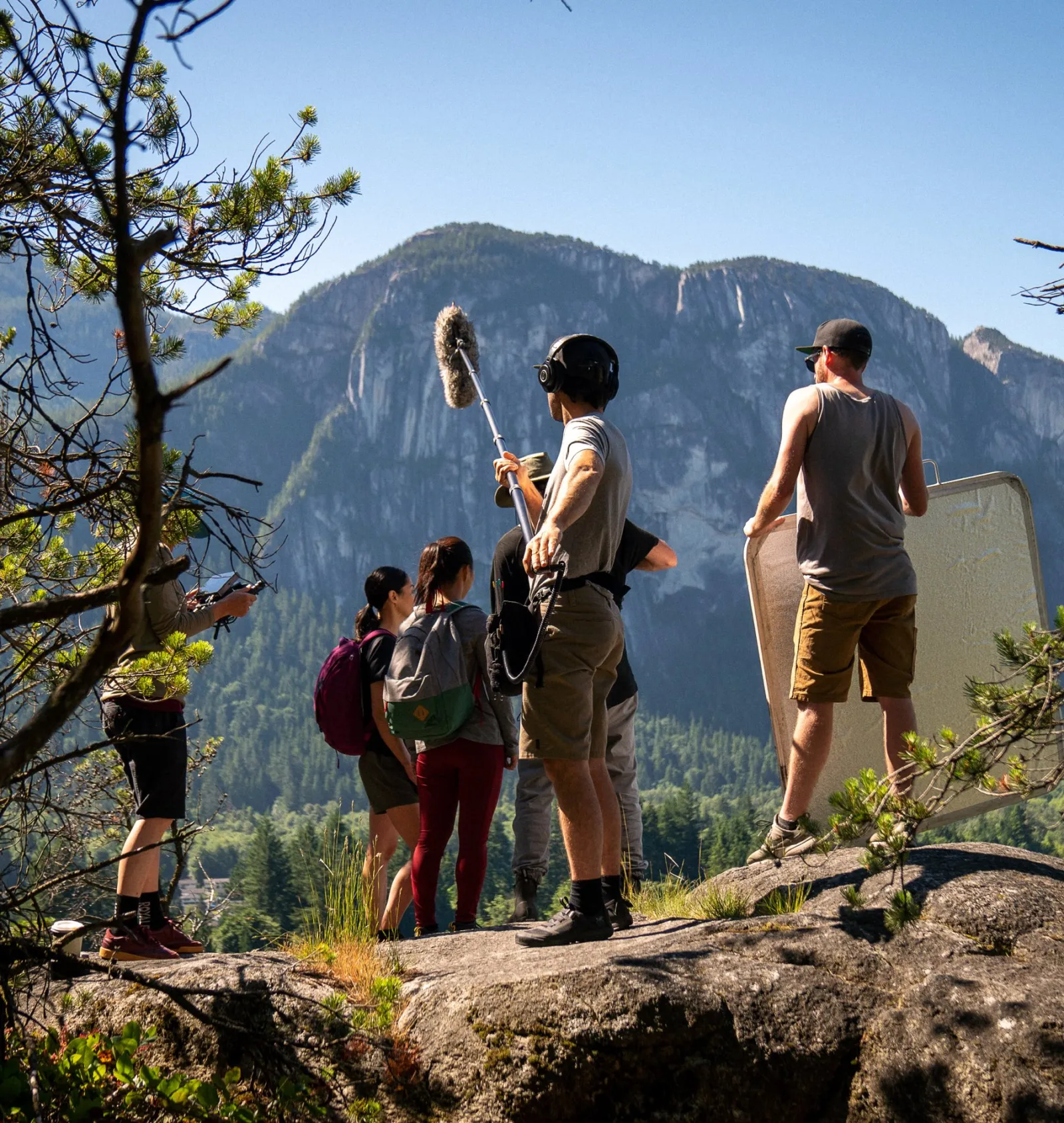 Film crew around models on The Chief in Squamish