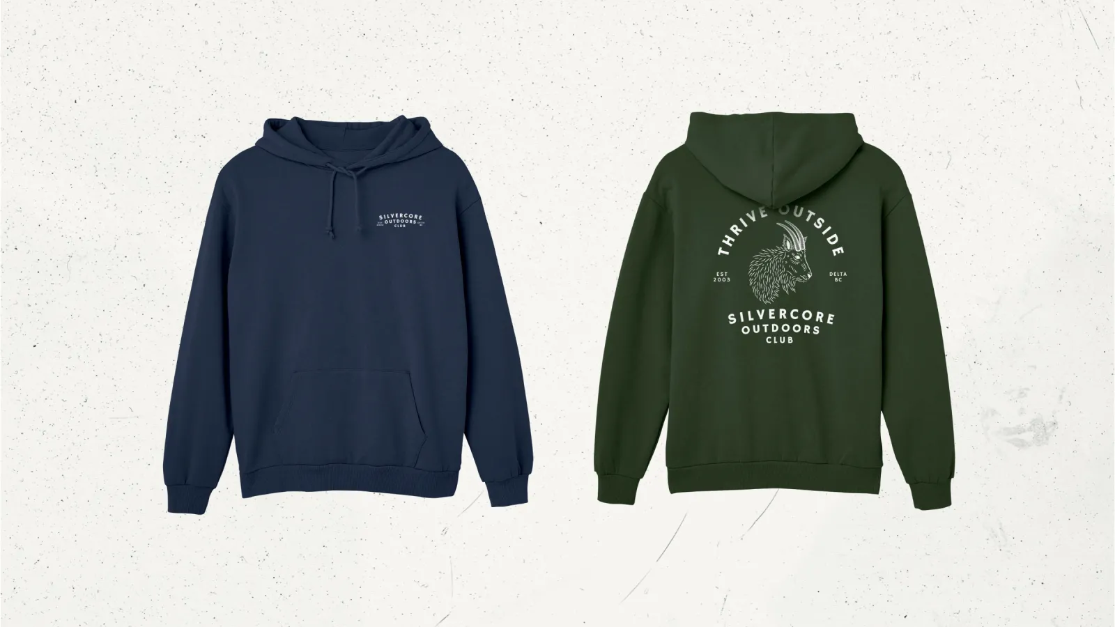 mockup of two hoodies showing the front and back views of silvercore merchandise graphics