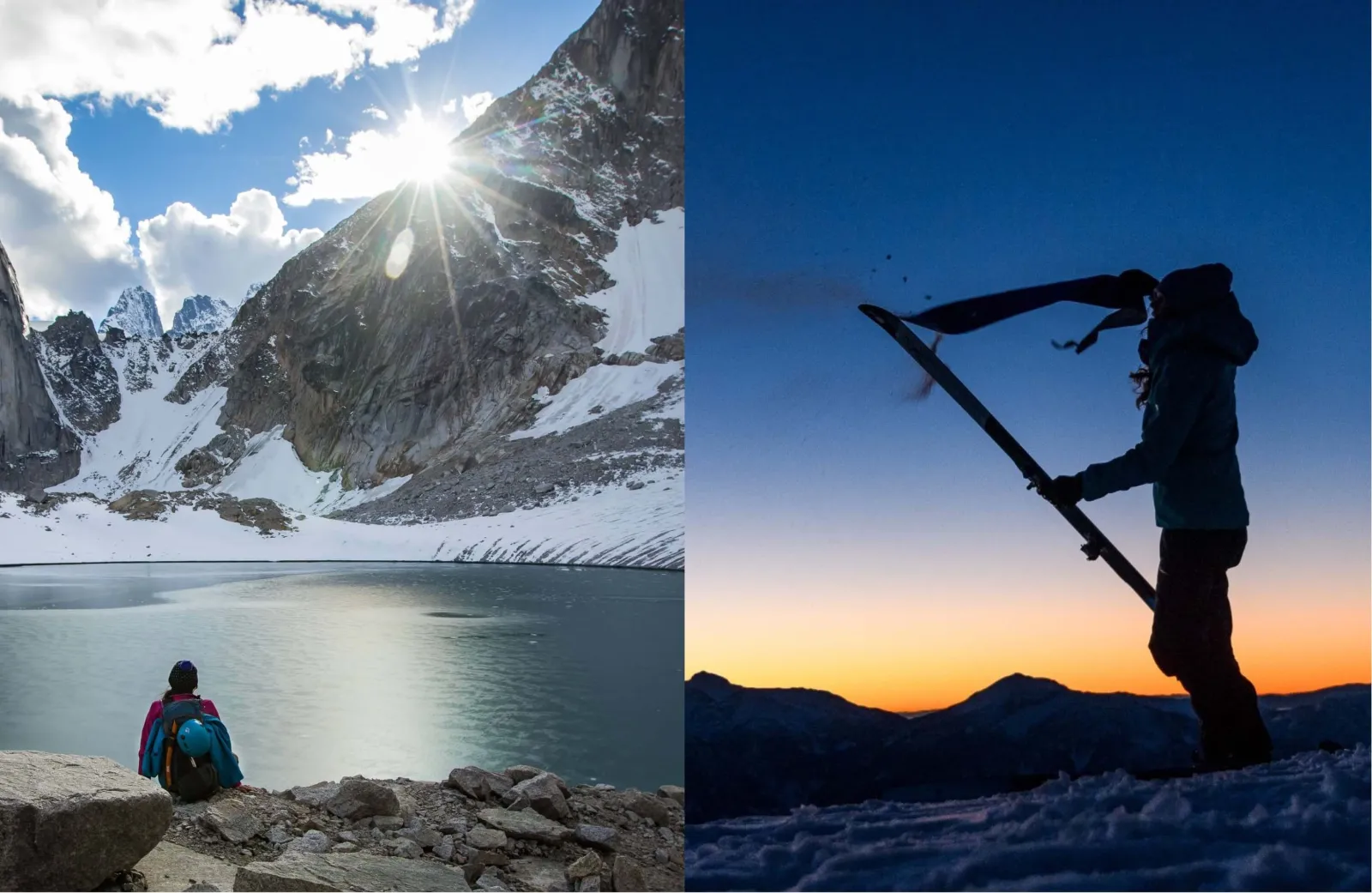 dual image of a beautiful glacier and someone removing their skins at sunseyt