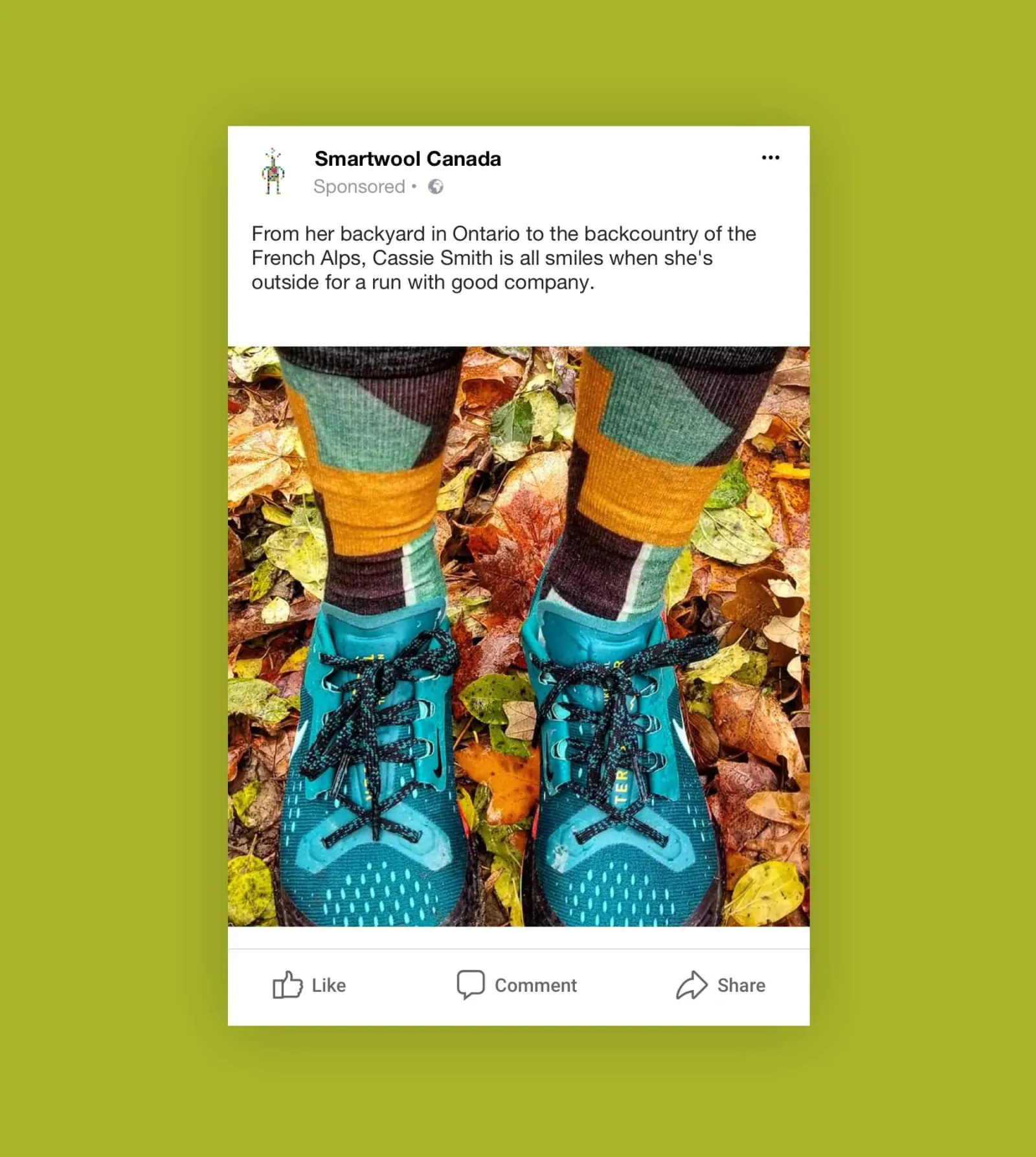 Smartwool social post of top down view of socks in shoes on fall leaves