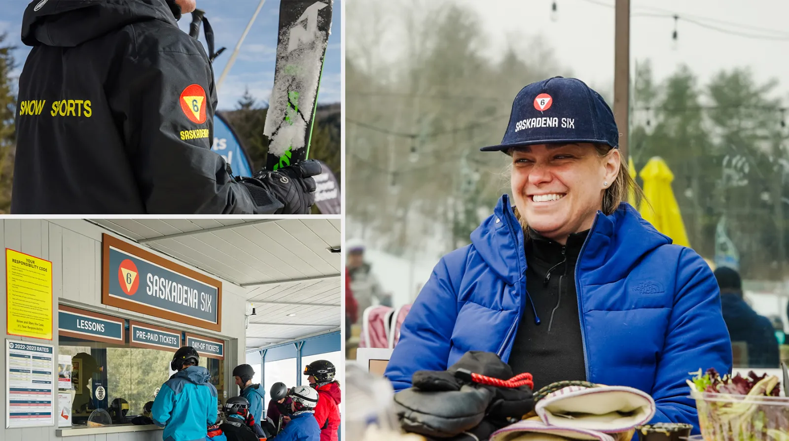 Saskadena Six merchandising including a ski jacket, hat and sign