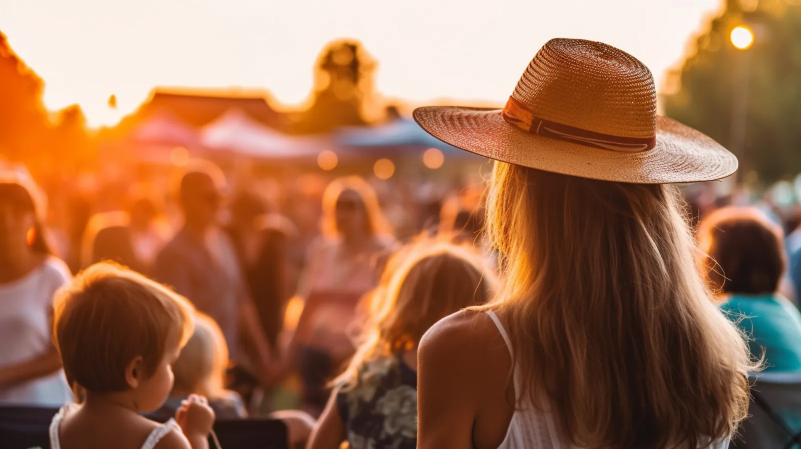 Family attending a summer festival at sunset