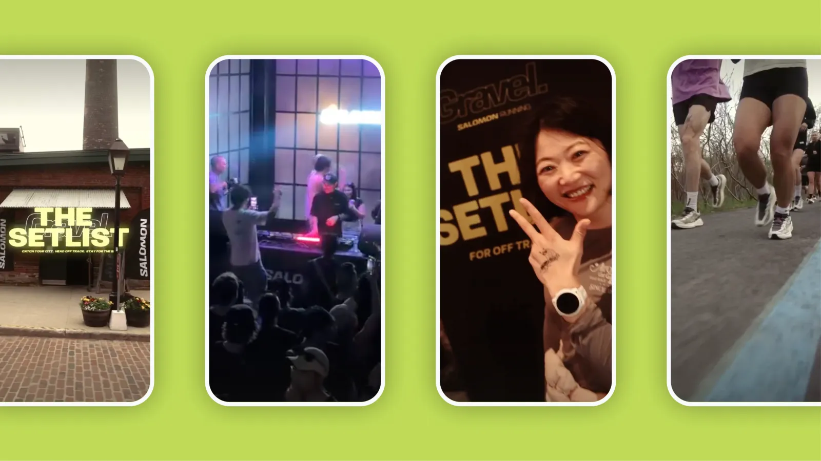 Four photos in sequence: building with sign, band performing, woman smiling, people running.
