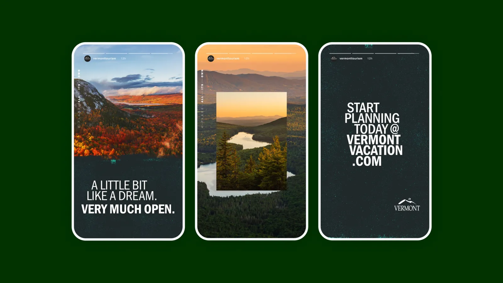A mockup of three Vermont Tourism social stories