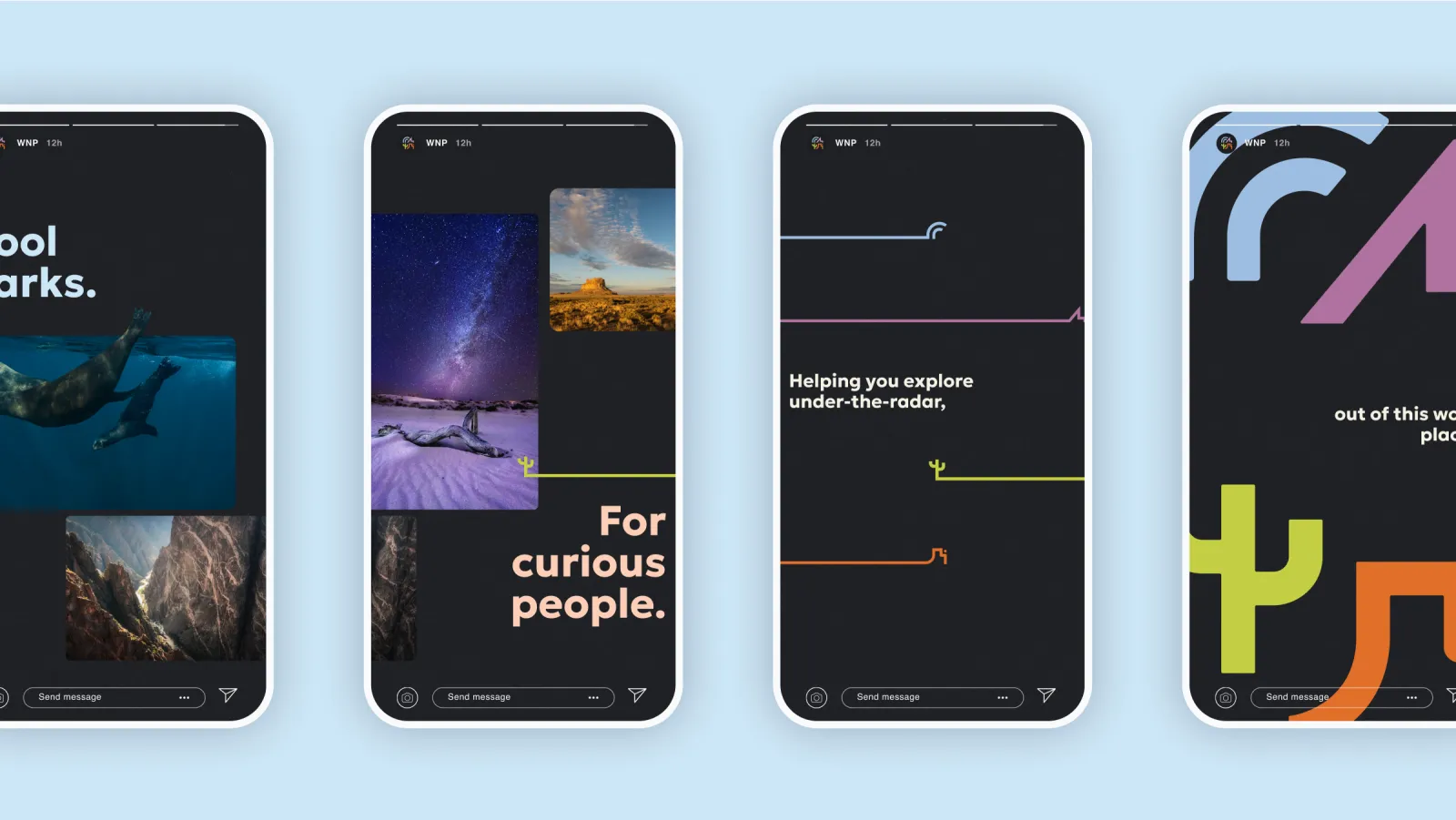 Four smartphones display diverse nature and abstract themed graphics on screens.