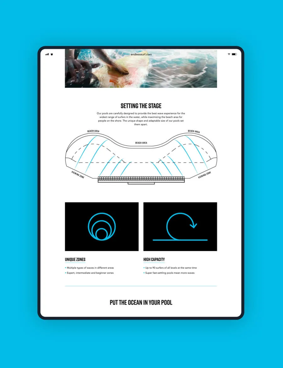 Endless Surf landing page on tablet