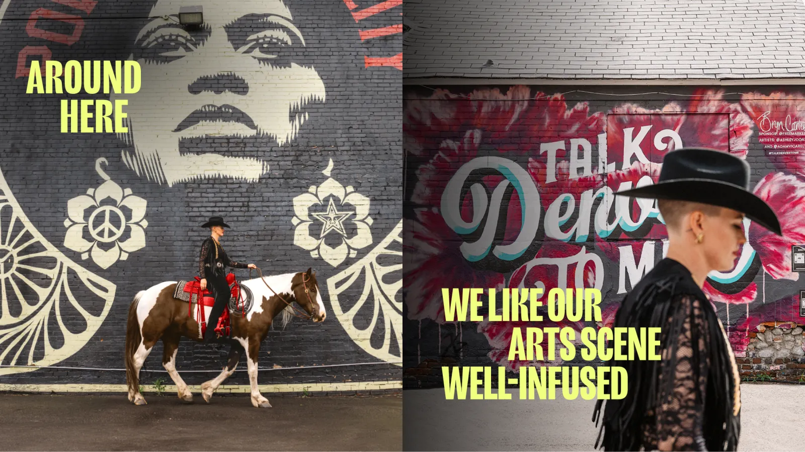 Cowboy on a horse and a person in a black hat by colorful murals.