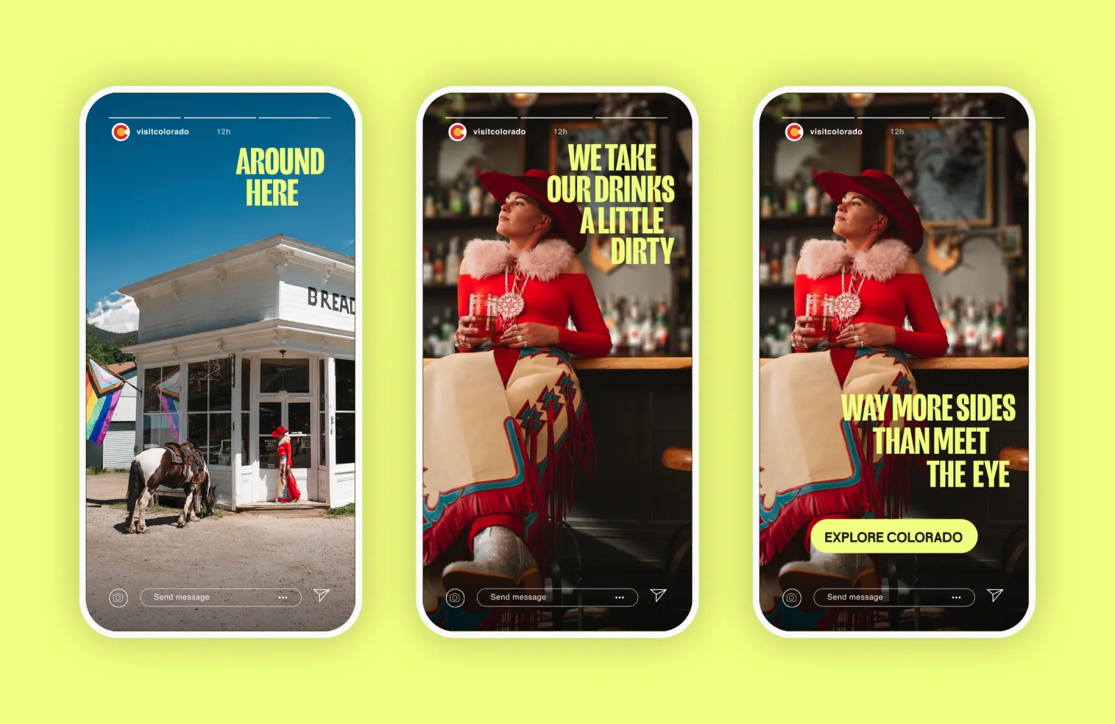 Phone screens showing a storefront, and a woman in a colorful outfit holding a drink.