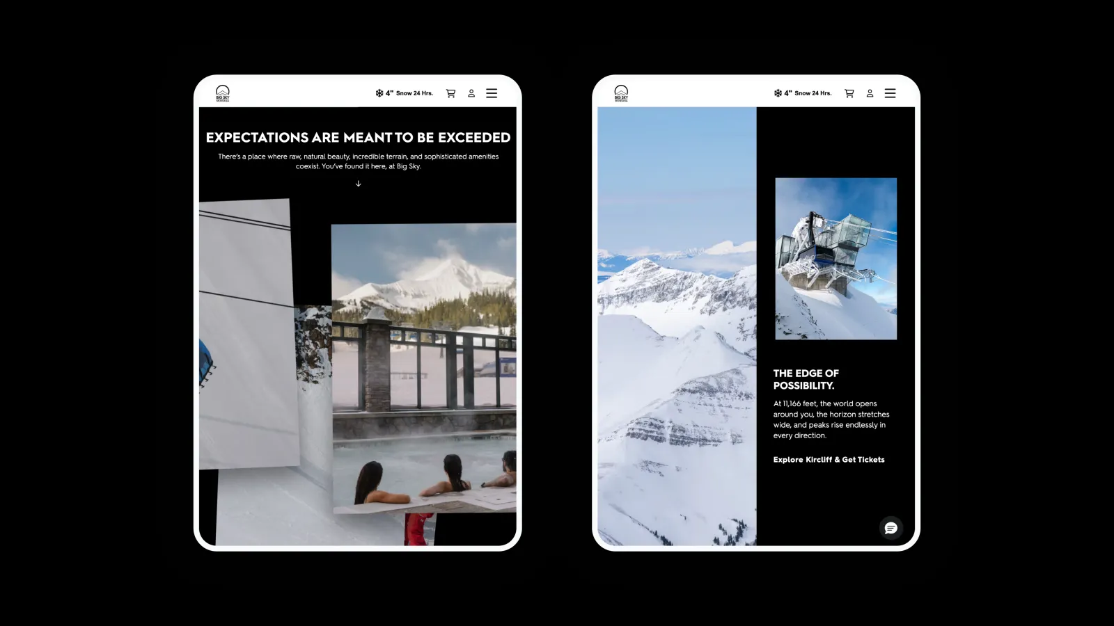 Modern app interface showing snowy mountain scenes and a ski resort on two phone screens.