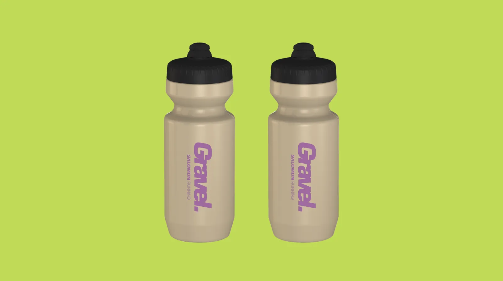 Two beige water bottles with black caps on a green background.