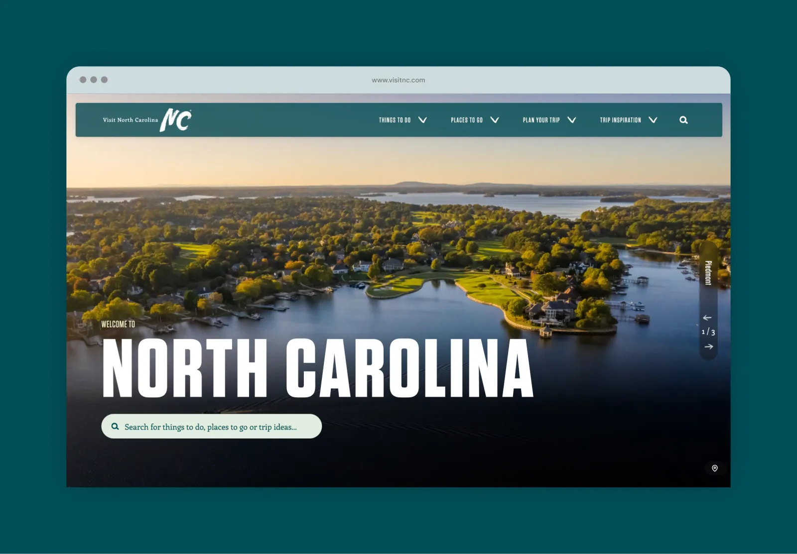 North Carolina aerial view with lush greenery and lake on a website header.